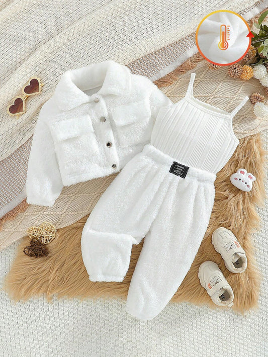 SHEIN Playful Pals 3 pièces Ensemble d'hiver pour bébé fille, tout blanc, tenue de famille assortie mignonne, veste utilitaire à col rabattu, débardeur de couleur unie & pantalon long pour le port extérieur