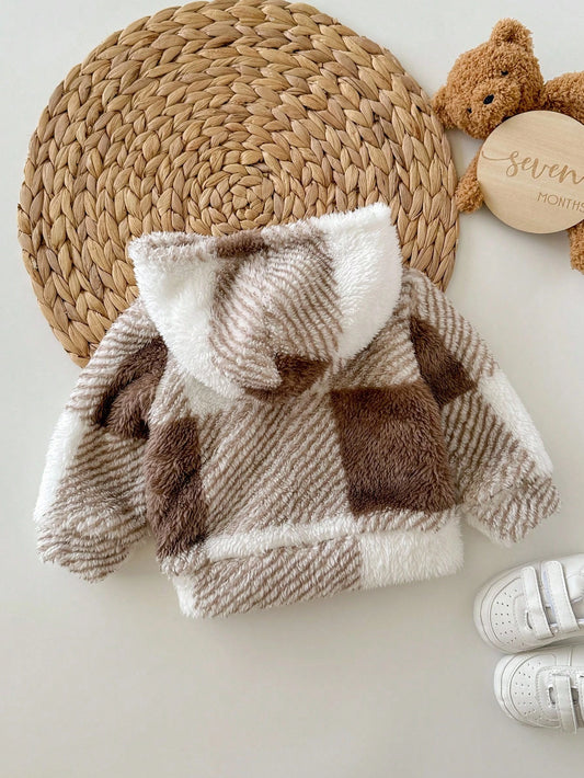 SHEIN Veste à capuche en peluche mignonne pour bébé fille nouveau-né, motif à carreaux, polyvalente pour l'automne/l'hiver, couleur neutre
