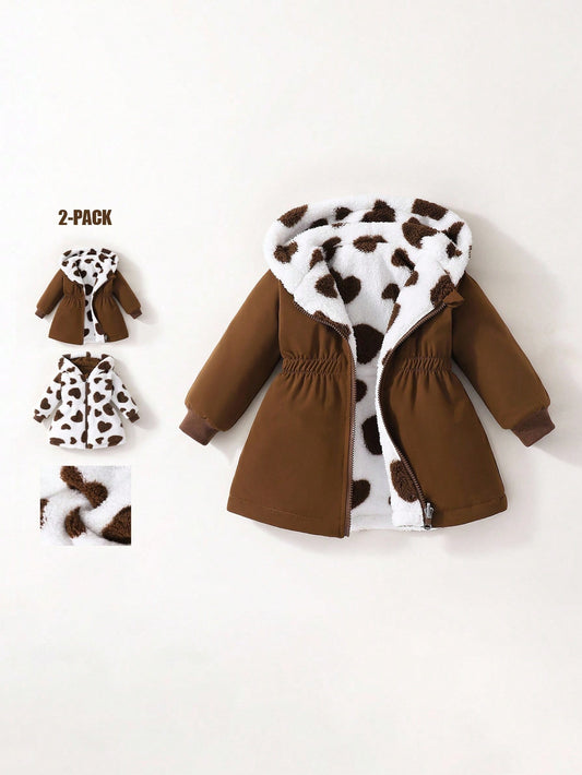 SHEIN 2 pièces/Paquet Manteau réversible pour bébé fille automne/hiver tout-aller polyvalent épais en polaire avec décor cœur, vêtement de dessus long