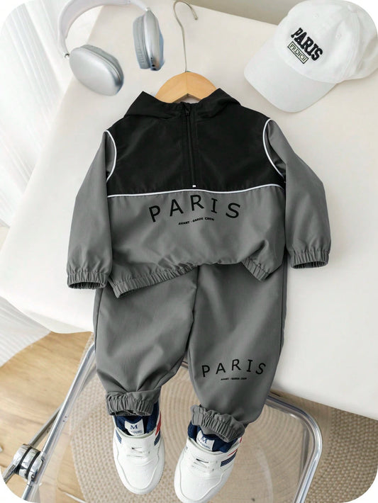 SHEIN 2 pièces/set Ensemble d'hiver pour bébé garçon avec cardigan à capuche imprimé de lettres en couleur contrastée et pantalon de sport