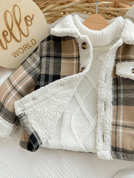 Veste à revers doublée thermique à carreaux mignonne et décontractée pour bébé garçon, automne/hiver