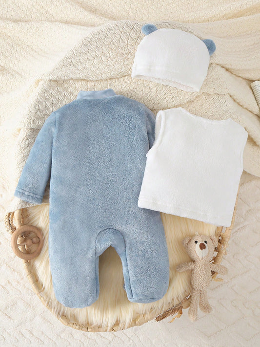 Souflis Souflis Ensemble de 3 pièces de vêtements mignons pour bébé garçon automne/hiver, combinaison à capuche bleu aqua avec gilet blanc, pyjama en polaire douce avec broderie d'ours, assorti pour la famille à la maison