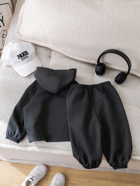 2 pièces Ensemble pull à capuche tricoté décoratif gris automne et pantalon à taille élastique pour bébé garçon. Tenue de sport décontractée tout-aller, convient pour le port en extérieur et en intérieur