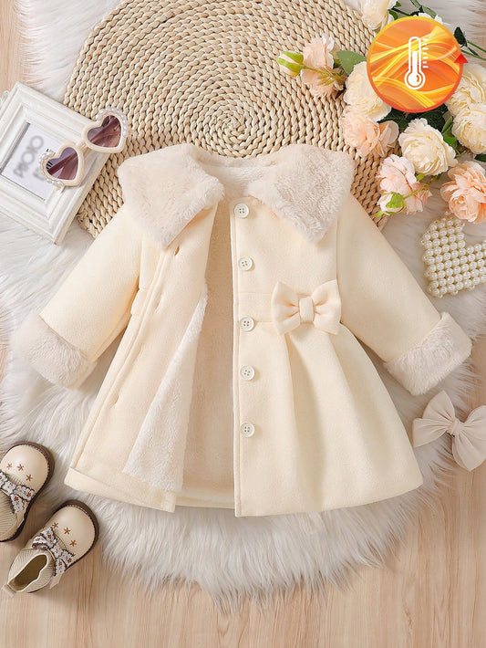 Souflis Souflis Manteau de robe d'anniversaire élégante d'hiver blanc pour bébé fille. Veste à ligne A en mélange de laine avec col bouffant, nœud 3D et manches longues. Tenue de princesse chaude et de couleur unie
