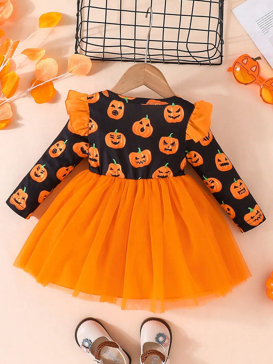 Halloween Girls Pumpkin Pattern Long Sleeve Mesh Dress Little Girls Holiday Party Princess Dress