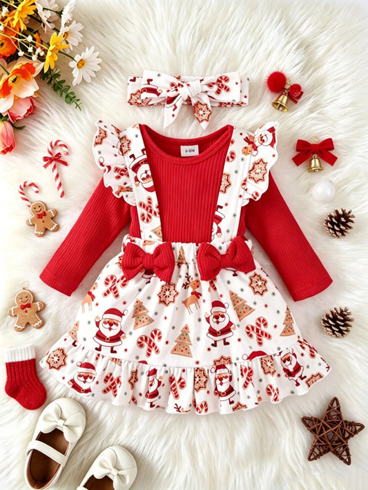 BrownBark 3 pièces/Ensemble Bébé Fille Automne Mignon Noël Body à Manches Longues Côtelé, Barboteuse à Manches Longues Côtelée de Couleur Unie, Jupe à Bretelles avec Imprimé Père Noël et Manches Volantes et Bandeau, Ensemble Tenue Décontractée pour Noël, Vacances et Premier Anniversaire du Bébé
