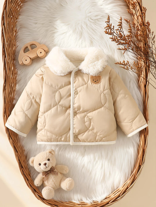 SHEIN 1 pièce Veste matelassée en polaire pour nouveau-né et tout-petit fille et garçon, beige doux avec patch ours, col en fourrure, manches longues, col à revers, épaisse, vêtement d'extérieur pour l'hiver et l'automne