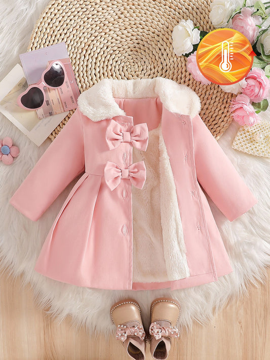 SHEIN Manteau trench pour bébé fille avec col en fourrure et nœud papillon, automne/hiver