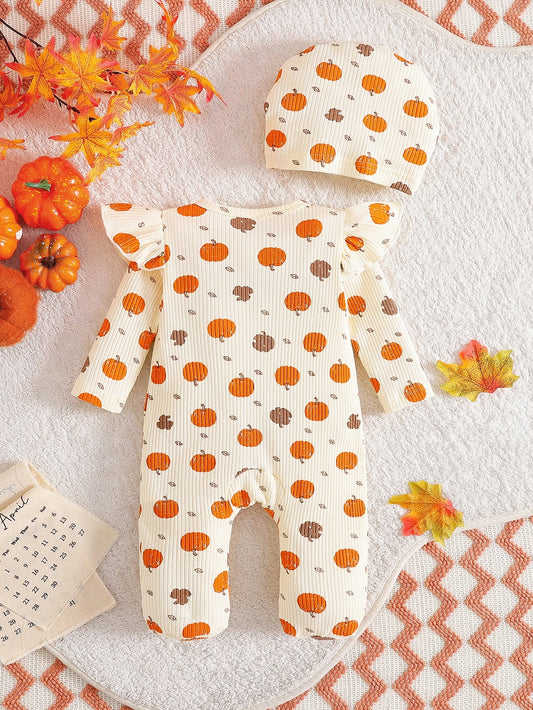 2 pièces Barboteuse à pieds pour bébé fille nouveau-né, imprimé princesse douce orange crème citrouille, volants, nœud, manches longues, style flutter, Halloween, automne, vacances, cadeau douillet