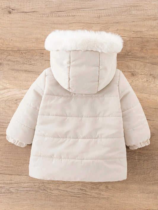 SHEIN Playful Pals Manteau matelassé d'hiver pour bébé fille avec capuche, grand col en fourrure, gants et fermeture éclair, vêtement d'extérieur automne/hiver, style décontracté polyvalent pour bébé fille hiver/printemps