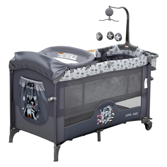 4-in-1 Travel Cot - Bedside Sleeper with Adjustable Height | Foldable Portable Design, Detachable Changing Table, Music Toy Bar, Lockable Wheels, Breathable Mesh, 0-36 Months