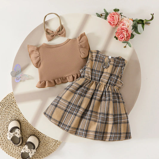 3Piece Sets Summer Baby Girl Clothes Fashion Plaid Cute Bow Cotton Tops+Sleeveless Princess Dress+Hair Band Newborn