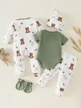 Ensemble 5 Pièces Bébé Garçon Combinaison Bonnet et Moufles