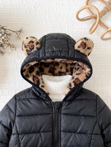 SHEIN Veste à capuche mignonne pour bébé fille en polaire noire avec imprimé léopard, style réversible épais, convient pour l'automne/l'hiver