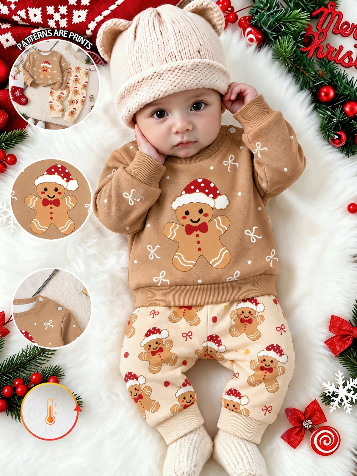 Ensemble Sweat-shirt-shirt et pantalon pour bébé fille nouveau-né, imprimé mignon bonhomme en pain d'épices et nœud, col ras-du-cou, manches longues, doublure thermique épaisse, tissu doux, convient pour les sorties de Noël, automne/hiver