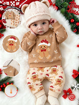 Ensemble Sweat-shirt-shirt et pantalon pour bébé fille nouveau-né, imprimé mignon bonhomme en pain d'épices et nœud, col ras-du-cou, manches longues, doublure thermique épaisse, tissu doux, convient pour les sorties de Noël, automne/hiver