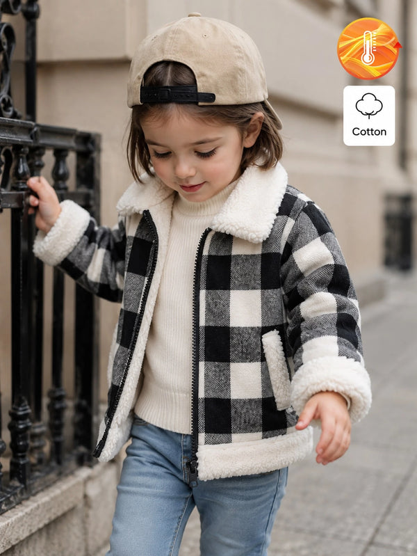 SHEIN Souflis Veste ouverte à carreaux noir et blanc doublée de thermique pour bébé fille/garçon, bordure en fourrure, Top cowgirl décontracté et modeste avec fermeture éclair pour automne/hiver, 6M-3T