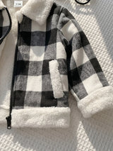 SHEIN Souflis Veste ouverte à carreaux noir et blanc doublée de thermique pour bébé fille/garçon, bordure en fourrure, Top cowgirl décontracté et modeste avec fermeture éclair pour automne/hiver, 6M-3T