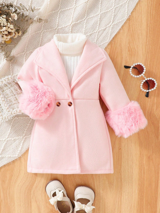 SHEIN Elladie kids Manteau pour bébé fille avec poignets en fourrure et double bouton sans pull d'hiver