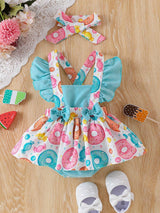 Robe sans manches pour bébé fille avec imprimé de beignets et bonbons doux, avec décoration de nœud papillon et ourlet volant pour robe-body d'été