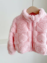 SHEIN Veste en fourrure à col montant avec motif en forme de cœur, mignonne et décontractée pour bébé fille, parfaite pour l'automne et l'hiver