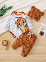 3 pièces "Brave Lion Baby" Top à manches longues pour tout-petits, pantalon avec imprimé lion et chapeau avec oreilles, léger et doux, convient pour le printemps/automne ou les couches, ensemble confortable