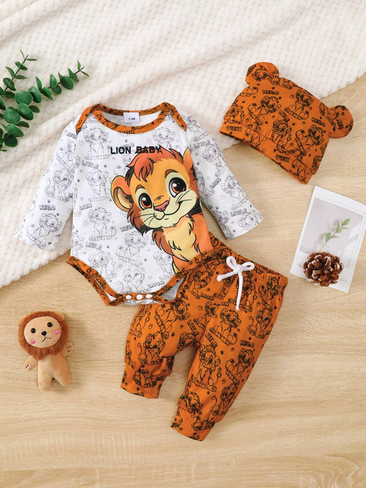 3 pièces "Brave Lion Baby" Top à manches longues pour tout-petits, pantalon avec imprimé lion et chapeau avec oreilles, léger et doux, convient pour le printemps/automne ou les couches, ensemble confortable
