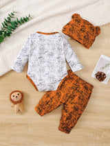 3 pièces "Brave Lion Baby" Top à manches longues pour tout-petits, pantalon avec imprimé lion et chapeau avec oreilles, léger et doux, convient pour le printemps/automne ou les couches, ensemble confortable