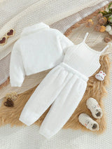 SHEIN Playful Pals 3 pièces Ensemble d'hiver pour bébé fille, tout blanc, tenue de famille assortie mignonne, veste utilitaire à col rabattu, débardeur de couleur unie & pantalon long pour le port extérieur