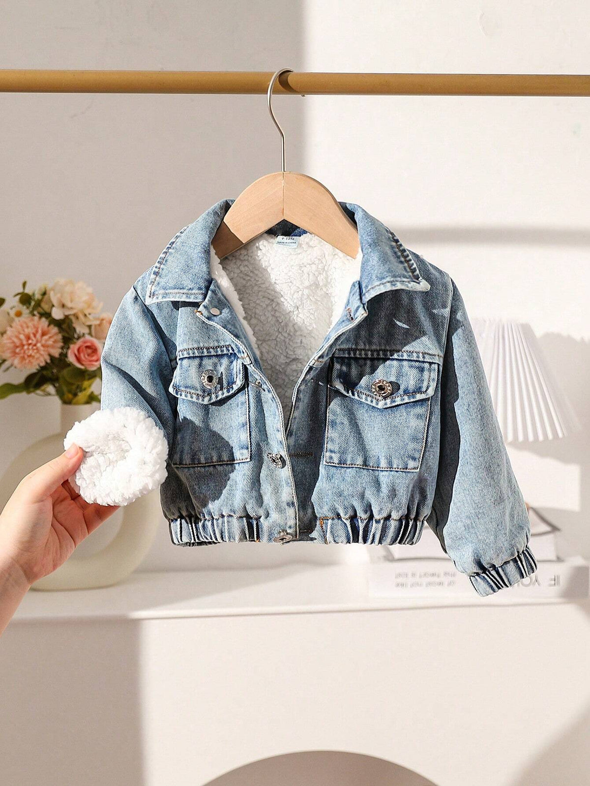 SHEIN Playful Pals Veste en jean doublée de teddy avec poches à rabat pour bébé fille, automne