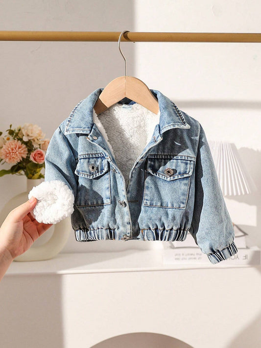 SHEIN Playful Pals Veste en jean doublée de teddy avec poches à rabat pour bébé fille, automne
