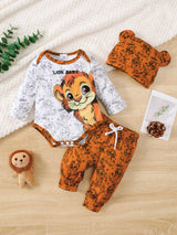 3 pièces "Brave Lion Baby" Top à manches longues pour tout-petits, pantalon avec imprimé lion et chapeau avec oreilles, léger et doux, convient pour le printemps/automne ou les couches, ensemble confortable