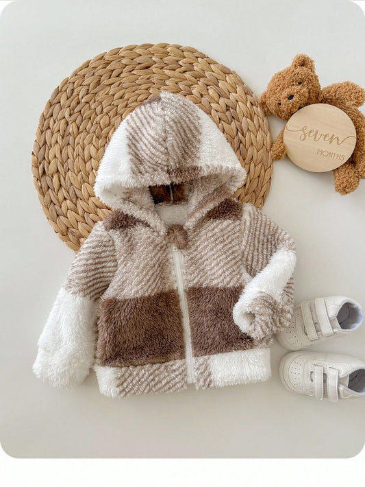 SHEIN Veste à capuche en peluche mignonne pour bébé fille nouveau-né, motif à carreaux, polyvalente pour l'automne/l'hiver, couleur neutre