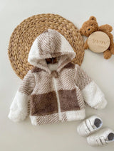 SHEIN Veste à capuche en peluche mignonne pour bébé fille nouveau-né, motif à carreaux, polyvalente pour l'automne/l'hiver, couleur neutre