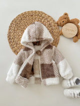SHEIN Veste à capuche en peluche mignonne pour bébé fille nouveau-né, motif à carreaux, polyvalente pour l'automne/l'hiver, couleur neutre