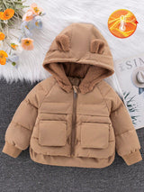 SHEIN Playful Pals Manteau matelassé pour bébé fille, nouveau manteau d'hiver à capuche avec doublure en fausse fourrure, avec fermeture éclair et vraies poches, design mode avec partie avant courte et partie arrière longue, pour l'automne