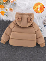 SHEIN Playful Pals Manteau matelassé pour bébé fille, nouveau manteau d'hiver à capuche avec doublure en fausse fourrure, avec fermeture éclair et vraies poches, design mode avec partie avant courte et partie arrière longue, pour l'automne