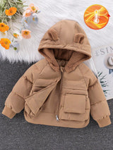 SHEIN Playful Pals Manteau matelassé pour bébé fille, nouveau manteau d'hiver à capuche avec doublure en fausse fourrure, avec fermeture éclair et vraies poches, design mode avec partie avant courte et partie arrière longue, pour l'automne