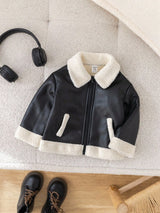 SHEIN Veste d'hiver mignonne en PU noir pour bébé garçon et fille, manteau d'automne matelassé épais en polaire, veste de moto, vêtements décontractés de mode à couleurs contrastées pour rendez-vous