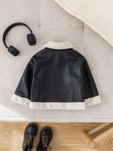 SHEIN Veste d'hiver mignonne en PU noir pour bébé garçon et fille, manteau d'automne matelassé épais en polaire, veste de moto, vêtements décontractés de mode à couleurs contrastées pour rendez-vous