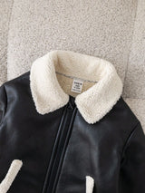 SHEIN Veste d'hiver mignonne en PU noir pour bébé garçon et fille, manteau d'automne matelassé épais en polaire, veste de moto, vêtements décontractés de mode à couleurs contrastées pour rendez-vous