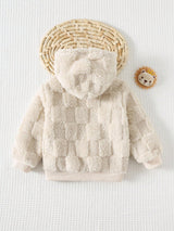 Cozy Pixies Veste à capuche à manches longues en polaire à carreaux avec étiquette décorative tissée, doublure en polaire épaisse, manteau en polaire double face épaissi pour bébé, convient pour l'intérieur, l'extérieur décontracté, le ski en extérieur, la rentrée scolaire, le quotidien, les sports, les jeux, les fêtes, la Saint-Valentin, ensemble en polaire à carreaux, ensemble chaud, convient pour l'hiver, ensemble décontracté mignon