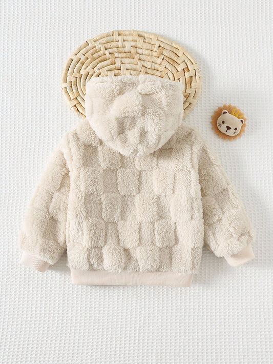 Cozy Pixies Veste à capuche à manches longues en polaire à carreaux avec étiquette décorative tissée, doublure en polaire épaisse, manteau en polaire double face épaissi pour bébé, convient pour l'intérieur, l'extérieur décontracté, le ski en extérieur, la rentrée scolaire, le quotidien, les sports, les jeux, les fêtes, la Saint-Valentin, ensemble en polaire à carreaux, ensemble chaud, convient pour l'hiver, ensemble décontracté mignon
