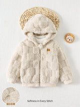 Cozy Pixies Veste à capuche à manches longues en polaire à carreaux avec étiquette décorative tissée, doublure en polaire épaisse, manteau en polaire double face épaissi pour bébé, convient pour l'intérieur, l'extérieur décontracté, le ski en extérieur, la rentrée scolaire, le quotidien, les sports, les jeux, les fêtes, la Saint-Valentin, ensemble en polaire à carreaux, ensemble chaud, convient pour l'hiver, ensemble décontracté mignon