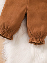 BrownBark 2 pièces, Ensemble deux pièces mignon et élégant pour bébé fille automne/hiver, Top blanc à col mi-Top et manches longues en tissu côtelé associé à une salopette en velours côtelé, Design mignon avec nœud à volants, Tissu doux et confortable, Doux et élégant, Convient pour les tenues quotidiennes des bébés filles.