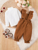 BrownBark 2 pièces, Ensemble deux pièces mignon et élégant pour bébé fille automne/hiver, Top blanc à col mi-Top et manches longues en tissu côtelé associé à une salopette en velours côtelé, Design mignon avec nœud à volants, Tissu doux et confortable, Doux et élégant, Convient pour les tenues quotidiennes des bébés filles.
