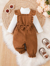 BrownBark 2 pièces, Ensemble deux pièces mignon et élégant pour bébé fille automne/hiver, Top blanc à col mi-Top et manches longues en tissu côtelé associé à une salopette en velours côtelé, Design mignon avec nœud à volants, Tissu doux et confortable, Doux et élégant, Convient pour les tenues quotidiennes des bébés filles.