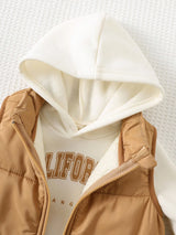 Cozy Pixies Ensemble 3 pièces pour bébé garçon beige, automne, décontracté, Sweat-shirt-shirt à capuche en tricot doux avec imprimé lettre Date, pantalon d'hiver à taille élastique & gilet matelassé sans manches, tenues nouveau-né