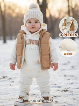Cozy Pixies Ensemble 3 pièces pour bébé garçon beige, automne, décontracté, Sweat-shirt-shirt à capuche en tricot doux avec imprimé lettre Date, pantalon d'hiver à taille élastique & gilet matelassé sans manches, tenues nouveau-né