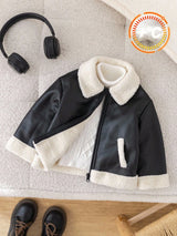 SHEIN Veste d'hiver mignonne en PU noir pour bébé garçon et fille, manteau d'automne matelassé épais en polaire, veste de moto, vêtements décontractés de mode à couleurs contrastées pour rendez-vous